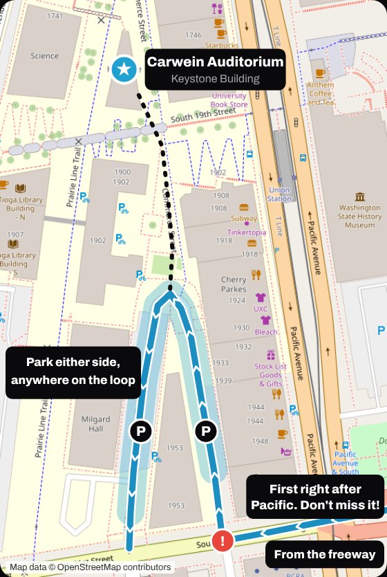 Map of the street parking loop off S 21st St, the walkway up to S 19th St, and Carwein Auditorium in the Keystone Building
